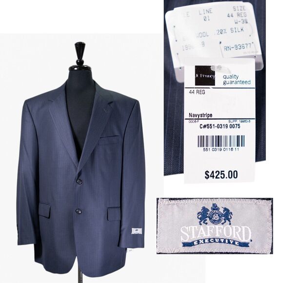 Stafford Mens Blazer Blue Striped Wool Silk 2 Button Jacket Sport Coat 44R NWT